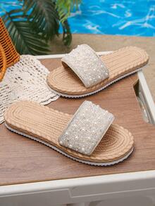 Women's Faux Rope Sole Pearl & Rhinestone Decor Flat Sandals, Comfortable Lightweight White Slides, Bohemian Vacation Style Summer Casual Outdoor Beach Slippers, Elegant White Sandals For Dresses, Plus Size Women's Shoes - White Pearls - Small Colored Diamonds - View 8