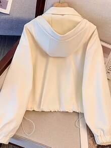 Women's Lightweight Outdoor Hooded Jacket, Long Sleeve Short Style Woven Fabric, With Practical Pockets, Drawstring And Zipper Closure - Off White - View 2