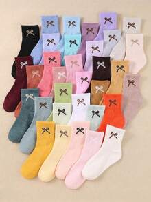 24/12/6 Pairs Random Macaron Color Girls Mid-Calf Socks With Colorful Bow Decor, Candy Color Breathable Daily Long Socks, Random Mixed Patterns, Suitable For 1-14 Years Old Girls Daily Life And School Wear, Skin-Friendly Comfortable Multifunctional Children Socks - Multicolor - View 1
