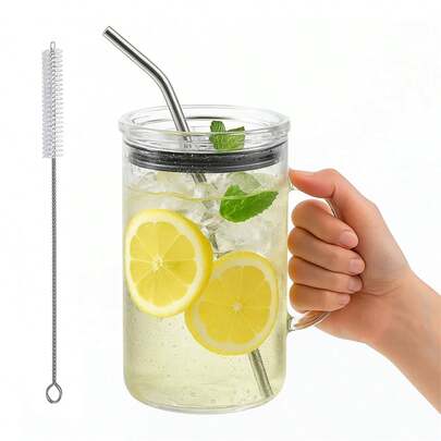 1000 Milliliters Glass With Lid And Straw, Transparent Glass, Juice-Mocha Glass, Glass Mug, Milk And Juice Glass, Beer Glass, Reusable And Highly Suitable For Refrigerating Whisky And Cocktails, Becoming A Must-Have Kitchen Tool And Essential Item For Apartment Life, Especially For Holiday Party Supplies. DIY Frozen Drink Glass, Easy To Release Ice Cubes, For Home And Bar Use (Glass + Lid + Stainless Steel Straw + Straw Brush)