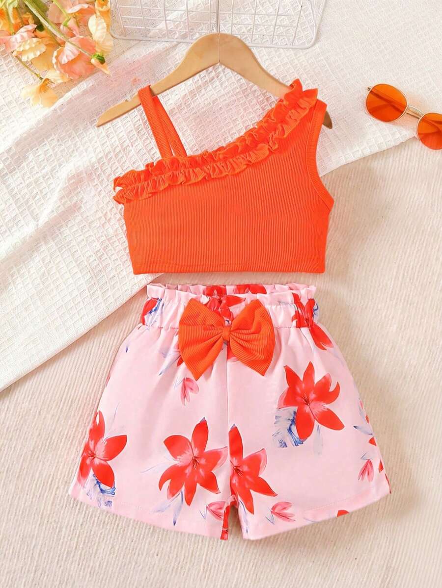女童不对称肩吊带背心和热带树叶印花短裤套装（2件套），春夏款 - 橘色 - 查看 1