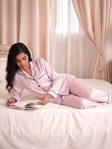 2件套女士粉色条纹长袖睡衣套装 - 粉色 - 查看 3