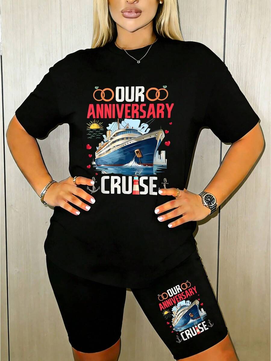 2pcs Set Summer Plus Size Women'S T Shirt Shorts Set Casual Outfit: Comical Anniversary Cruise Couple Husband Wife Printed Short Sleeve Top & Shorts Set - 黑色 - 查看 1