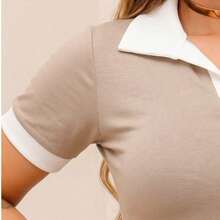 Women's Short Sleeve Blouse In Viscolycra V-Neck Polo - Khaki - View 6