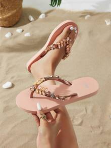 OXLL Sandalias de dedo con rhinestones de lujo, sandalias planas de punta redonda, chanclas suaves antideslizantes, sandalias de estilo diosa de la playa (Aprobadas por la inspección del estándar de la UE) - Rosa Pálido - Ver 6