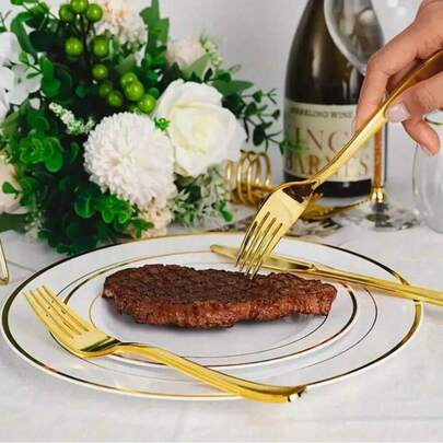 Juego de cubiertos reutilizables de oro, incluye tenedor, cuchara, tenedor de pastel, cuchara de postre, tenedor de ensalada, tenedor y cuchara de pasta, adecuado para cumpleaños, bodas, fiestas, reuniones familiares, eventos de equipo, barbacoas al aire libre, campamentos, banquetes, útiles escolares, ceremonias de graduación, fiestas festivas y diversas ocasiones