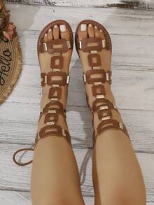 Women's Summer New High-Top Open Toe Lace-Up Design Hollow Out Rivet Inlaid Comfortable Fashion Casual Roman Style Sandals,Beach Shoes - Brown - View 3