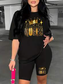2pcs Plus Size Birthday Queen Printed Set - Women'S Casual Crew Neck Short Sleeve Top With Motorcycl - 黑色 - 查看 1