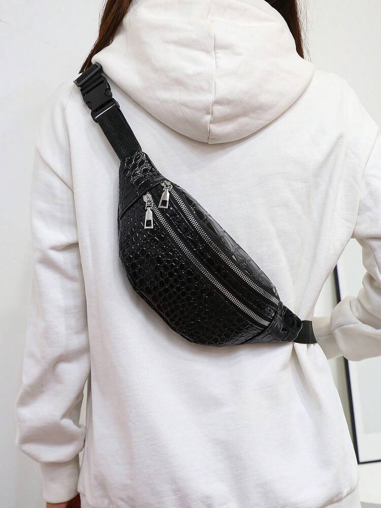 Nueva bolsa de cintura con relieve de cocodrilo brillante, de gran capacidad con doble cremallera, resistente al agua y a la abrasión, bolsa de pecho cruzada - Negro - Añade 5
