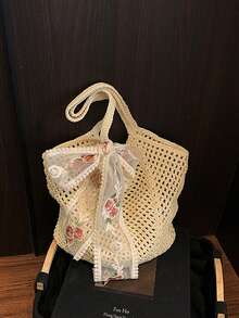 Y2K Style Large Capacity Fashion Woven Tote Bag - Hollow Shoulder Bag, Women's Beach Bag, Crochet Woven Beach Bag, Women's Knitted Shoulder Bag, Summer Crochet Bag, Women's Beach Bag, Hollow Handmade Woven Bag For Women Summer Casual Oversized Straw Bag Beach Holiday Shoulder Tote Bag, Bohemian Summer Holiday Women Tote Bag - Multicolor - View 9