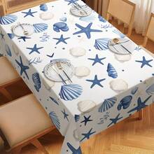 1 Pc Retro Ocean Theme Tablecloth With Lifebuoy Anchor Fish And Seashell Patterns Blue And White Coastal Style Rectangular Seaside Holiday House Restaurant Tablecloth - Blue and White - View 4