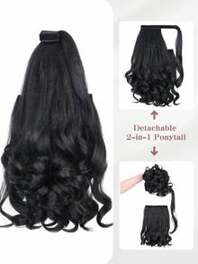 2件装合成卷曲马尾假发 - 抽绳缠绕式波浪卷发片，耐热纤维，自然黑色抽绳马尾，适合女性日常发型 - 黑色 - 查看 5