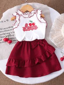 2件套 女童休闲可爱樱桃印花荷叶边吊带背心和红色蝴蝶结半裙，春夏款 - 紅色 - 查看 7