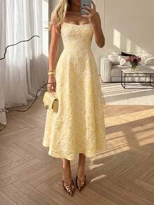 Floreya 夏季婚礼优雅纯色法式高端优雅轻盈正式礼服，收腰修身无袖中长连衣裙，黄色派对礼服 - 黃色 - 查看 3