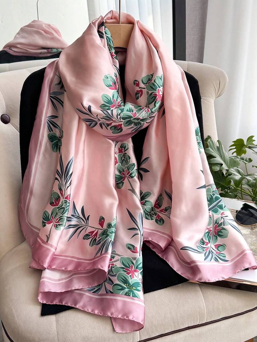 1条女士优雅花卉印花仿丝围巾，春秋季百搭配饰，适合日常搭配、度假、旅行、防晒、海滩、假日等场合。 - 粉色 - 查看 1