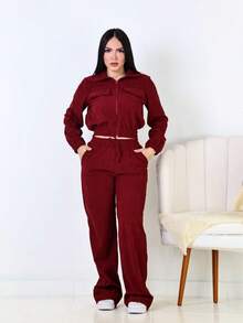 Women's Corduroy Velvet Set With Jacket And Pants - Comfort And Style - 紅木色 - 查看 3