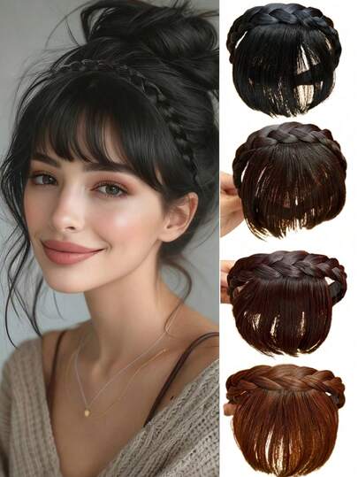 8.6英寸编织发带假发，带刘海和鬓角，采用聚酯纤维制成。佩戴方便，完美遮盖白发，外观自然美观，适合各种场合佩戴。