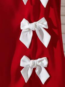 Baby Girls' Sleeveless Dress, Round Neck Simple & Neat, Decorated With 3 White Bow Ties On Right Side, Contrast Color Design Lively & Eye-Catching, Playful & Cute Style, Suitable For Baby Girl Day Or Everyday Wear - Red - View 4