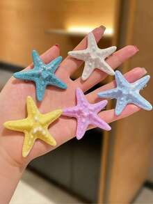 5个/套 超大可爱彩色海星发夹，完美的沙滩配饰，海洋元素发夹，可爱女孩刘海夹，女性去海滩拍照的必备单品（卡片为拍摄道具） - 彩色 - 查看 3