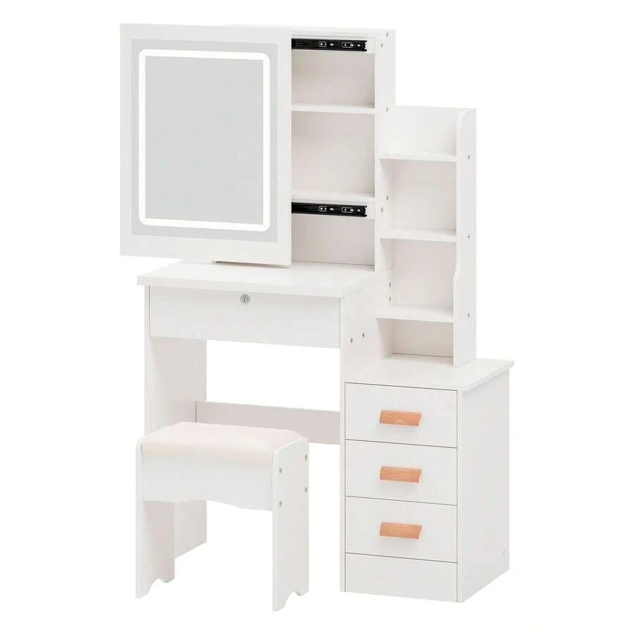 Makeup Vanity Desk With Mirror, 4 Drawers And Opening Shelves, Bedroom Vanity Table - White - View 1