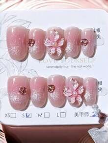 10片装光疗手工粉色花朵美甲粉扑腮红猫眼温柔气质假指甲 - 淺粉色 - 查看 3