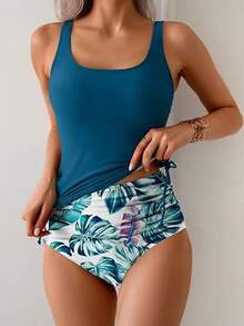 Women's Fashion Printed Drawstring Bikini Sets High Waist Ruched 2 Piece Swimwear European Style - Navy Blue - View 1