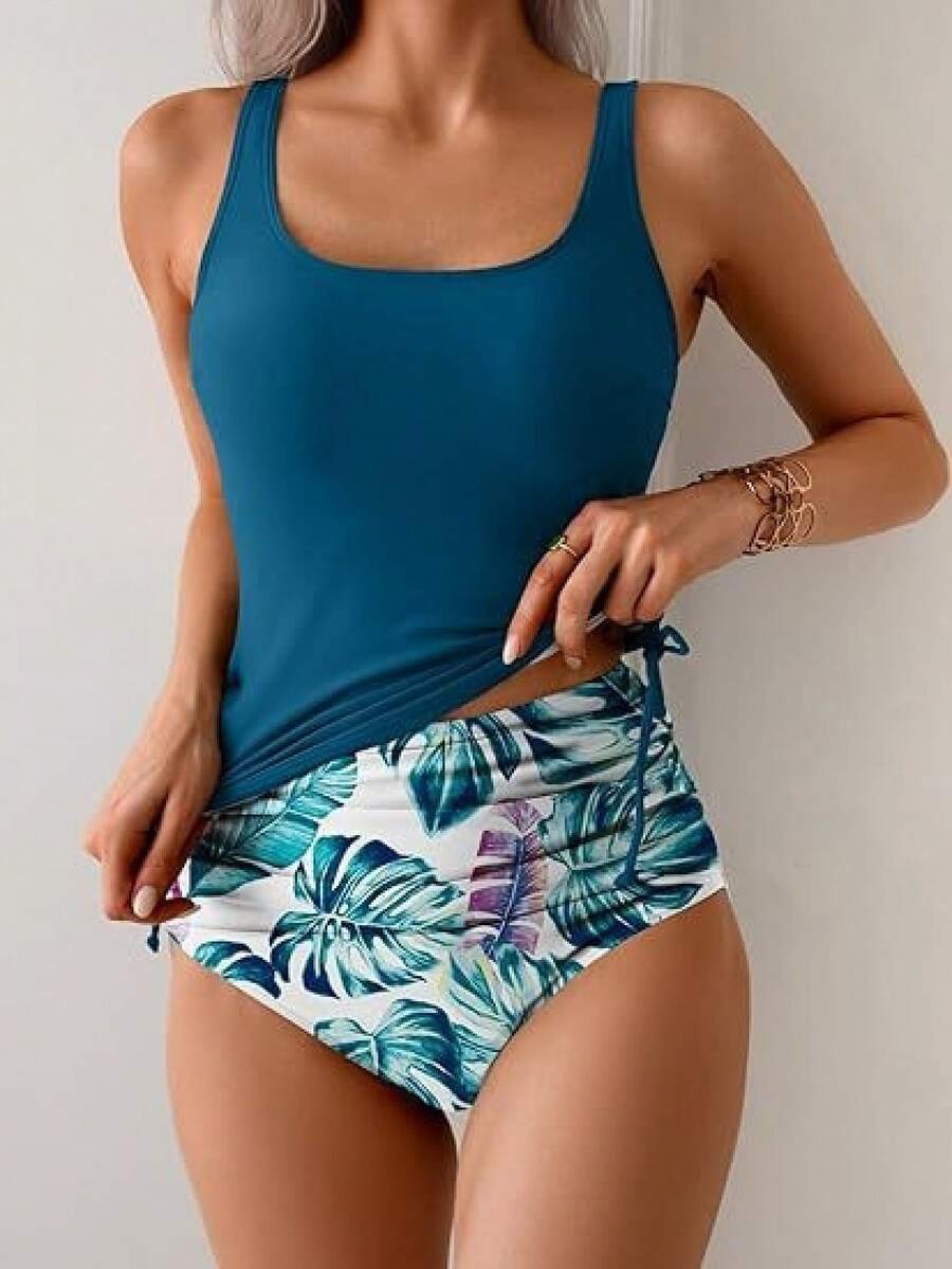 Women's Fashion Printed Drawstring Bikini Sets High Waist Ruched 2 Piece Swimwear European Style - Navy Blue - View 1