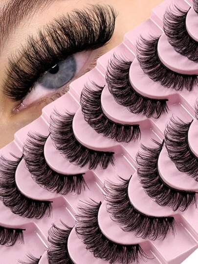 Hinarin 10对D卷度俄罗斯假睫毛，蓬松浓密，自然妆效，仿貂毛材质，黑色睫毛梗，纤细交叉设计，易于佩戴，适合派对和日常妆容。