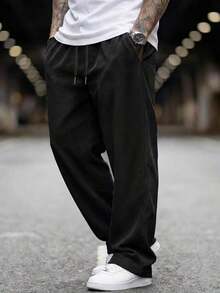 1pc Men's Corduroy Drawstring Waist Wide Leg Casual Sports Pants, Suitable Outdoor Activities - 黑色 - 查看 12