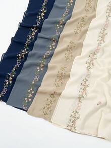 1 pieza Pañuelo de mujer de gasa bordado de moda, pañuelo suave y transpirable, versátil, hijab de protección solar musulmán, adecuado para uso diario, reuniones, viajes, fotografía y todas las estaciones - Azul marino - Ver 8