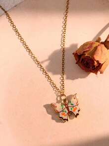 不对称复古蝴蝶、月亮、心形、花朵吊坠项链，手工双面油画吊坠，DIY珠宝礼物，送给妈妈、朋友或自己 - 彩色 - 查看 9