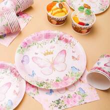 Bộ đồ dùng tiệc dùng một lần hình vương miện bướm hồng gồm đĩa, khăn ăn và cốc, dành cho 16 khách, phù hợp cho sinh nhật, đám cưới, tiệc theo chủ đề, dã ngoại gia đình. - Xem 5