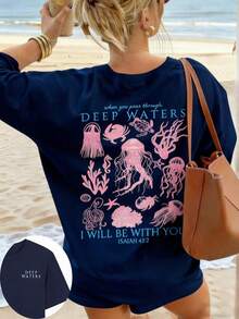 Women's Summer New Simple Cute Marine Life Print Casual Vacation Style Loose Versatile Round Neck White Short-Sleeved T-Shirt Fashionable Daily Tops Suitable For Daily Vacation Wear. Graphic Tees Women Pink Top-Unisex Comfortable Vintage Street Style Loose-Fit Washed T-Shirt - 藏蓝色 - 查看 9
