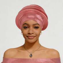 Shimmer African Head Wraps Solid Color Multi-Layer Church Turban For Women Stretch Hat - Pink - View 1
