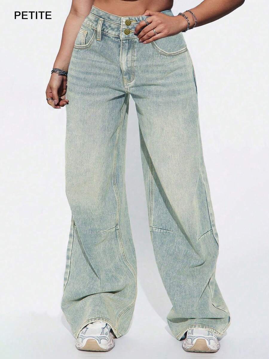 Quần jeans denim xanh bạc màu kiểu retro với thiết kế cúc cài, dáng suông rộng, ống đứng, chất liệu petite, thích hợp cho mùa xuân/hè. - Rửa nhẹ - Xem 1