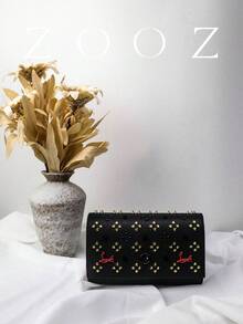 New Solid Color PU Leather Chain Bag, Vintage Rivet Decor Shoulder & Crossbody Bag - V-Black & Red - Black - View 4