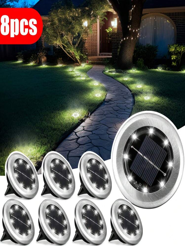 12 piezas Luces solares para exteriores, Luces solares de acero inoxidable con 8 LED empotrables, Focos solares impermeables, Adecuados para jardín, patio, terraza, escaleras, piscina, camino, entrada de vehículos, decoración del paisaje - Luces solares de suelo - Añade 15