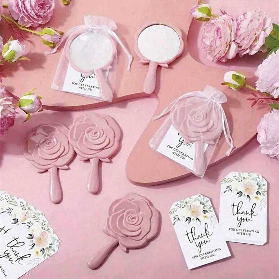 Miroir à motif rose, miroir de maquillage en plastique, carte de remerciement de mariée (avec sac en organza), faveur de fête de mariage, cadeau de demoiselle d'honneur (pour les invités), fournitures pour baby shower/fête, décoration de baby shower - Ensemble de fête miroir multicolore à fleurs roses - Voir 1
