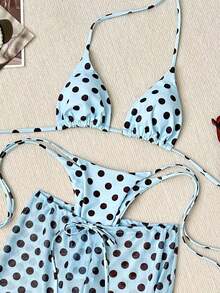 2026 Women's 3-Piece Polka Dot Printed Bikini Set, Halter Neck Design, Side Tie, Mesh Cover-Up Pants, Cute Casual Backless Swimsuit For Valentine's Day, Spring/Summer Beach Vacation - 棕色 - 查看 12