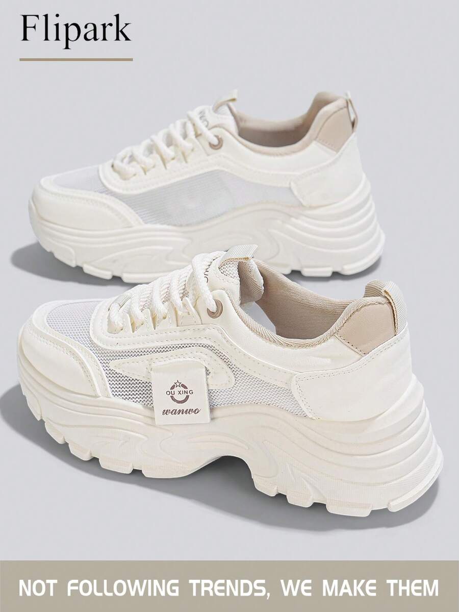 Flipark 1双女士时尚休闲百搭轻便学生白色运动鞋 - 米色 - 查看 1