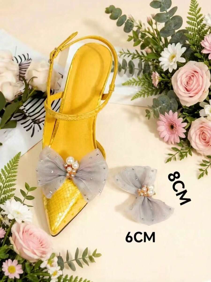 1 Pair Korean Style Gray Mesh Bow & Rhinestone Pearl Decorative Shoe Clips, Removable Shoe Accessories Suitable For Sandals And High Heels (Shoe Clips Only, Shoes Not Included) - Grey - View 1