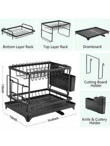 2-Tier Dish Drying Rack For Kitchen Countertops. Includes A Drip Tray And Mat, Cutlery And Cup Holders. A Great Gift For Ladies, Perfect For Mother's Day Kitchen Organization And Storage. Dishes/Knives/Cups/Cutting Boards, Black. - Xem 3