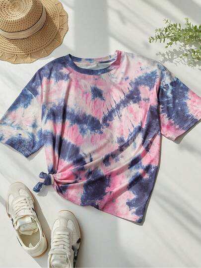 Women's Loose Fit Tie-Dye Printed Numeric Short Sleeve T-Shirt, Casual & Comfortable For Summer Wear Sports