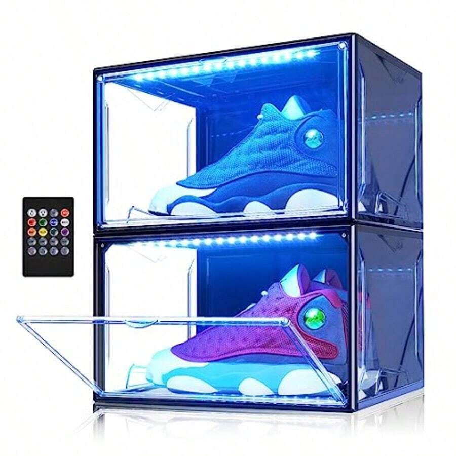 Cajas de zapatos LED apilables juego de 2 organizador de zapatos de plástico ahorro de espacio activado por sonido y mando a distancia color negro transparente - Ver 1