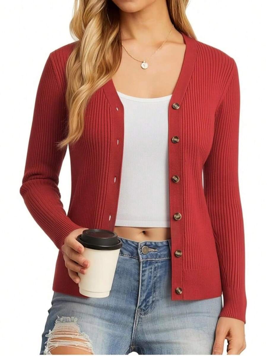 Women's Long Sleeve Button Up Cardigan Sweaters Ribbed Knit Open Front Casual - Red - View 1