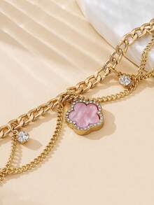 1件闪亮度假风流苏经典甜美幸运粉色四叶草吊坠多层脚链，女士款 - 粉色 - 查看 2