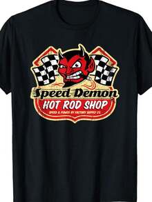 Camiseta con Gráfico de Auto Clásico de Speed Demon Hot Rod Shop - Camiseta Negra Casual de Manga Corta con Diseño de Diablo y Bandera a Cuadros, Corte Regular, Lavable a Máquina, Camiseta con Estampado Gráfico de Moda, Uso Diario, Ropa Casual Elegante - Negro - Ver 6