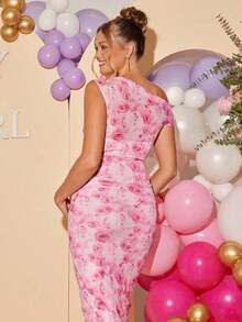 Loomaby Pregnant Women's Elegant Floral Print Asymmetrical Neck Fitted Dress, Suitable For Party And Vacation, Summer,Gender Reveal Dress,Maternity Dress, Baby Shower Dress - 粉色 - 查看 2