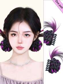 Bộ tóc giả 6 inch màu đen và tím tự nhiên, kiểu đầu cầu lông ngọt ngào và cá tính dành cho các cô gái, kèm kẹp lông gà. - Làm nổi bật màu tím - Xem 1