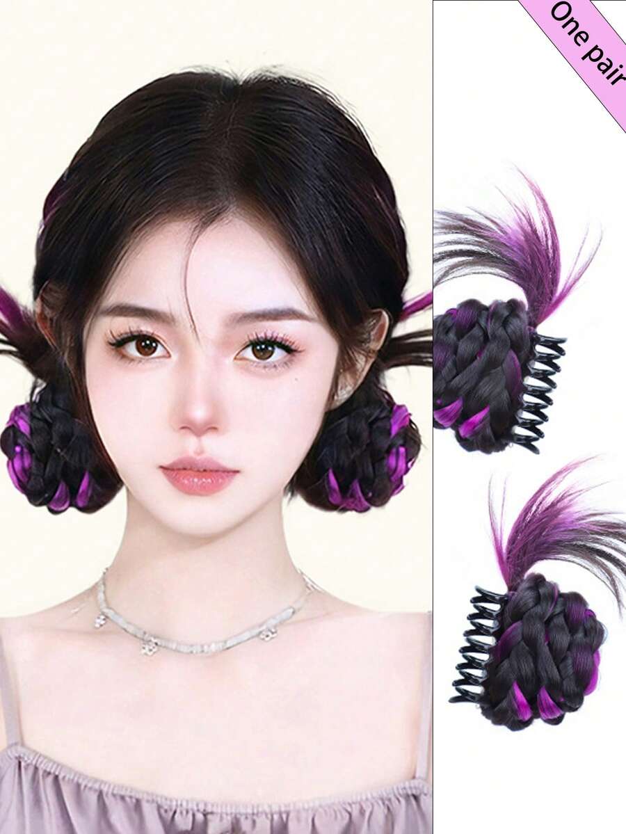 Bộ tóc giả 6 inch màu đen và tím tự nhiên, kiểu đầu cầu lông ngọt ngào và cá tính dành cho các cô gái, kèm kẹp lông gà. - Làm nổi bật màu tím - Xem 1